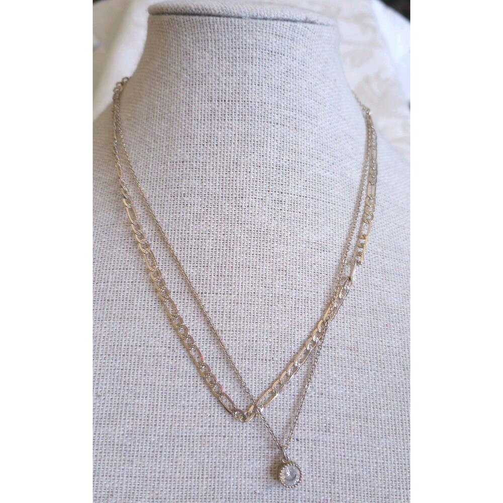 14in Double Silver Tone Figaro And Chain With Bezel Set Faceted Rhinestone